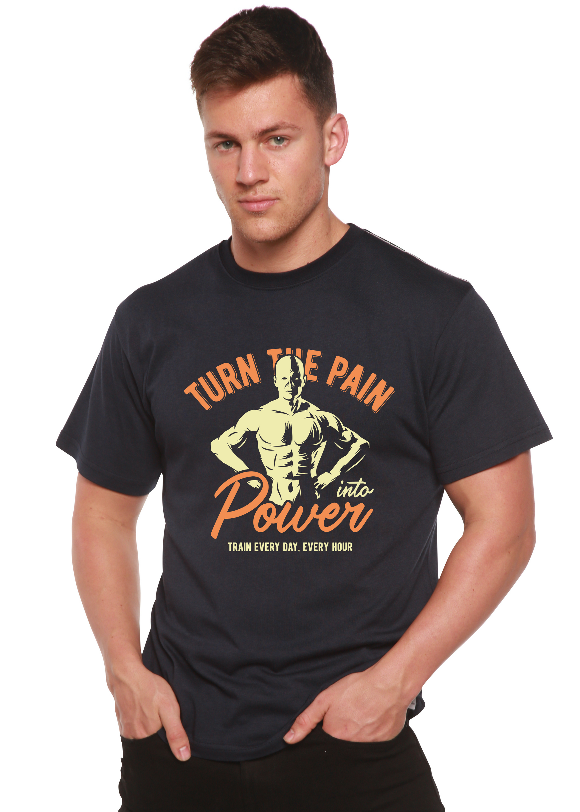 Turn The Pain men's navy bamboo viscose short sleeve graphic tee with orange print on Tampa Home & Garden Store