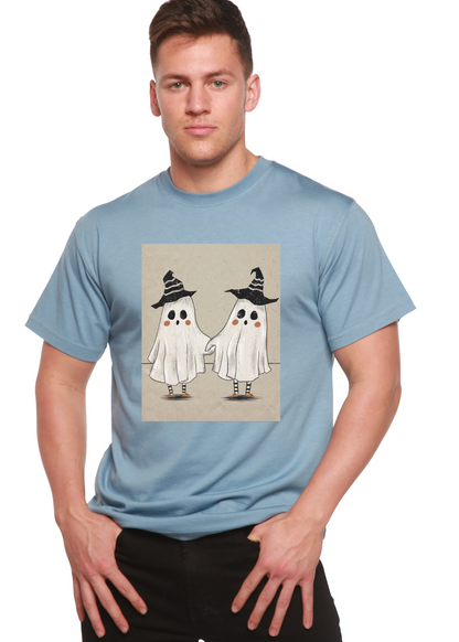 Mens blue bamboo viscose short sleeve graphic tee with beige ghost panel and two witch hats on Tampa Home & Garden Store