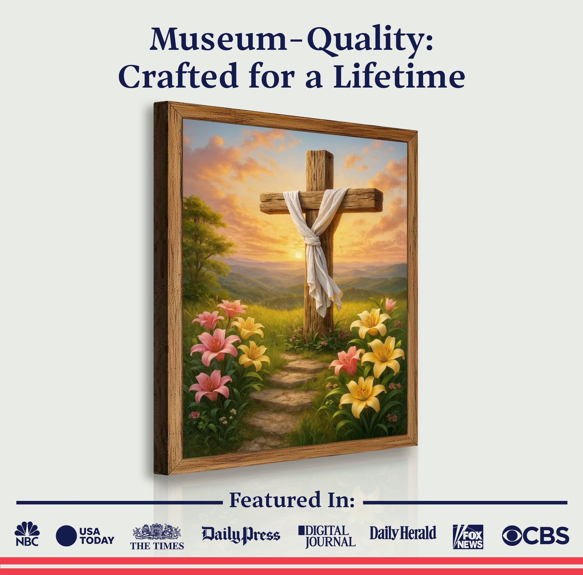 Cross and Flowers Faith Wall Art II canvas with a wooden frame, cross, and lilies at sunset on Tampa Home & Garden Store
