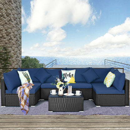 Juego de Sofá Seccional Exterior de 7 Piezas de Ratán para Patio con Tapa de Cristal Templado - Azul Marino