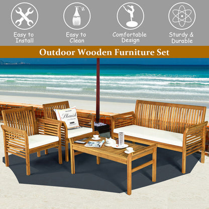 Juego de muebles de sofá de madera de acacia para exterior de 4 piezas