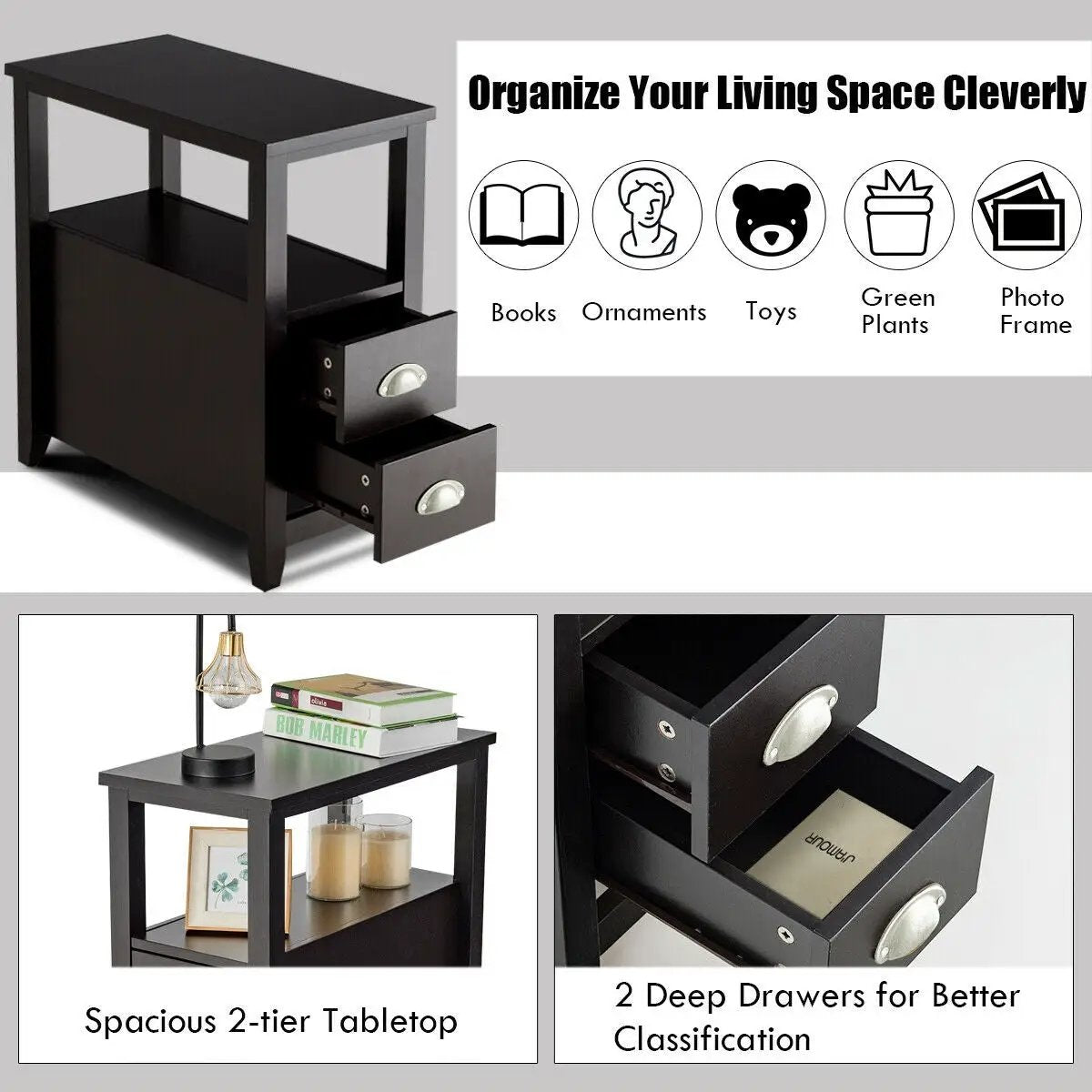 Set of 2 Wooden End Tables with Drawers and Shelf
