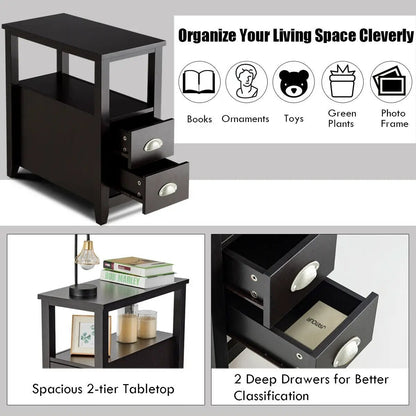 Set of 2 Wooden End Tables with Drawers and Shelf