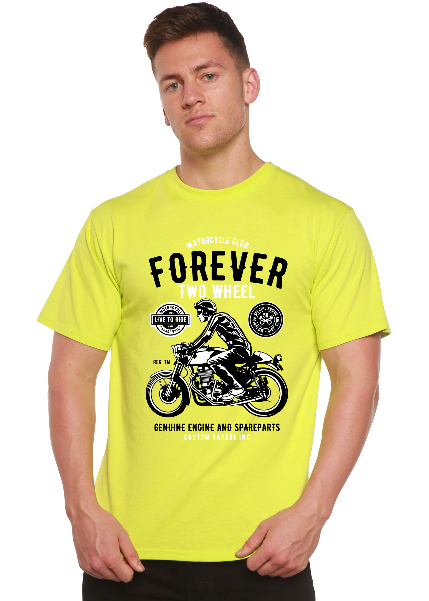 Forever Two Wheel men's graphic T-shirt yellow bamboo viscose/organic cotton Spun Bamboo on Tampa Home & Garden Store