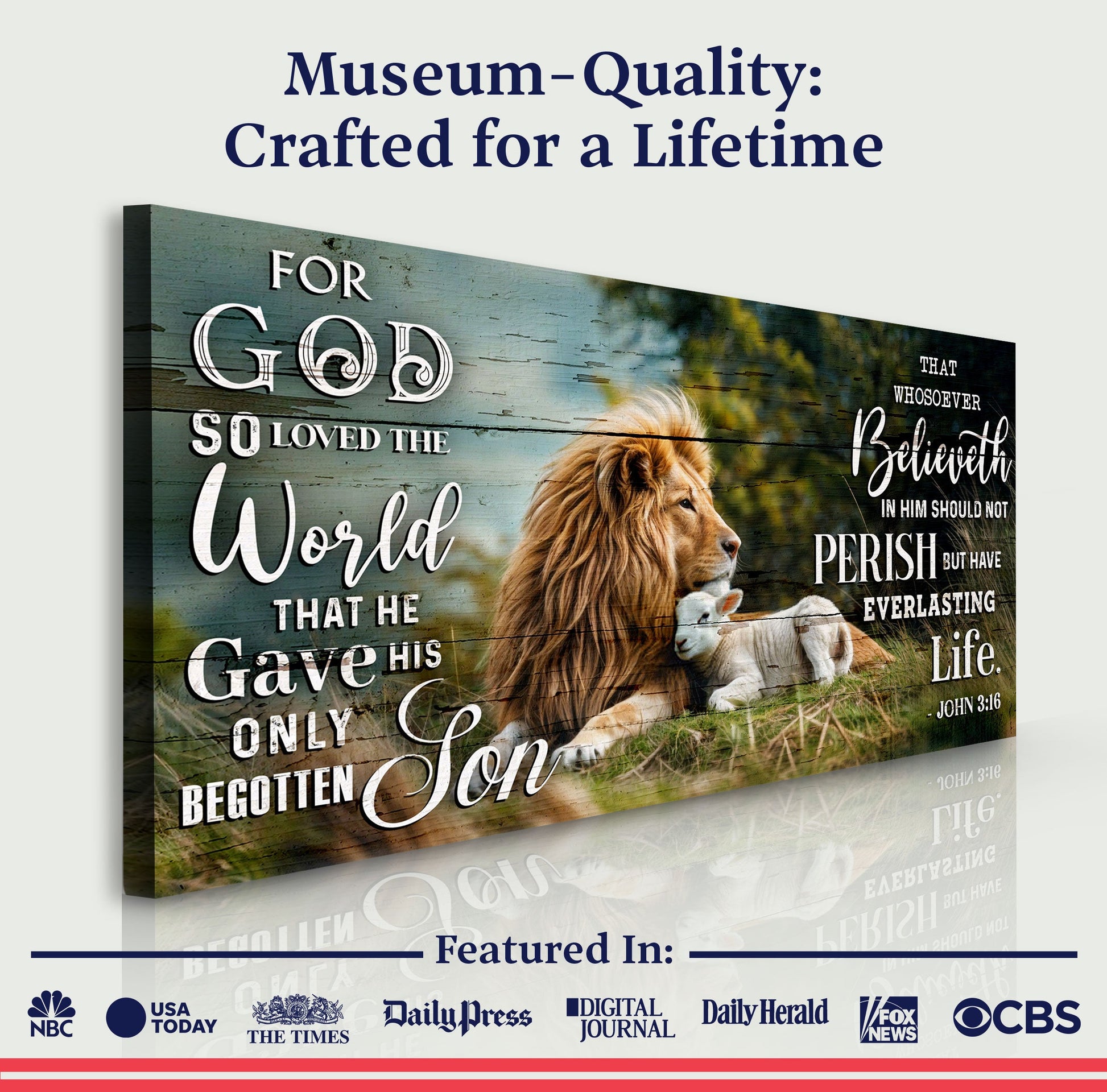 Canvas Tailored Canvases John 3:16 Faith Sign with lion on weathered wood background on Tampa Home & Garden Store