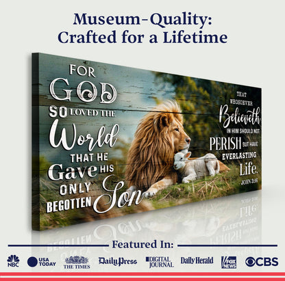 Canvas Tailored Canvases John 3:16 Faith Sign with lion on weathered wood background on Tampa Home & Garden Store