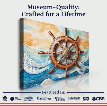 Sailboat Ship Wheel Coastal Wall Art II canvas with wooden helm and blue waves on Tampa Home & Garden Store
