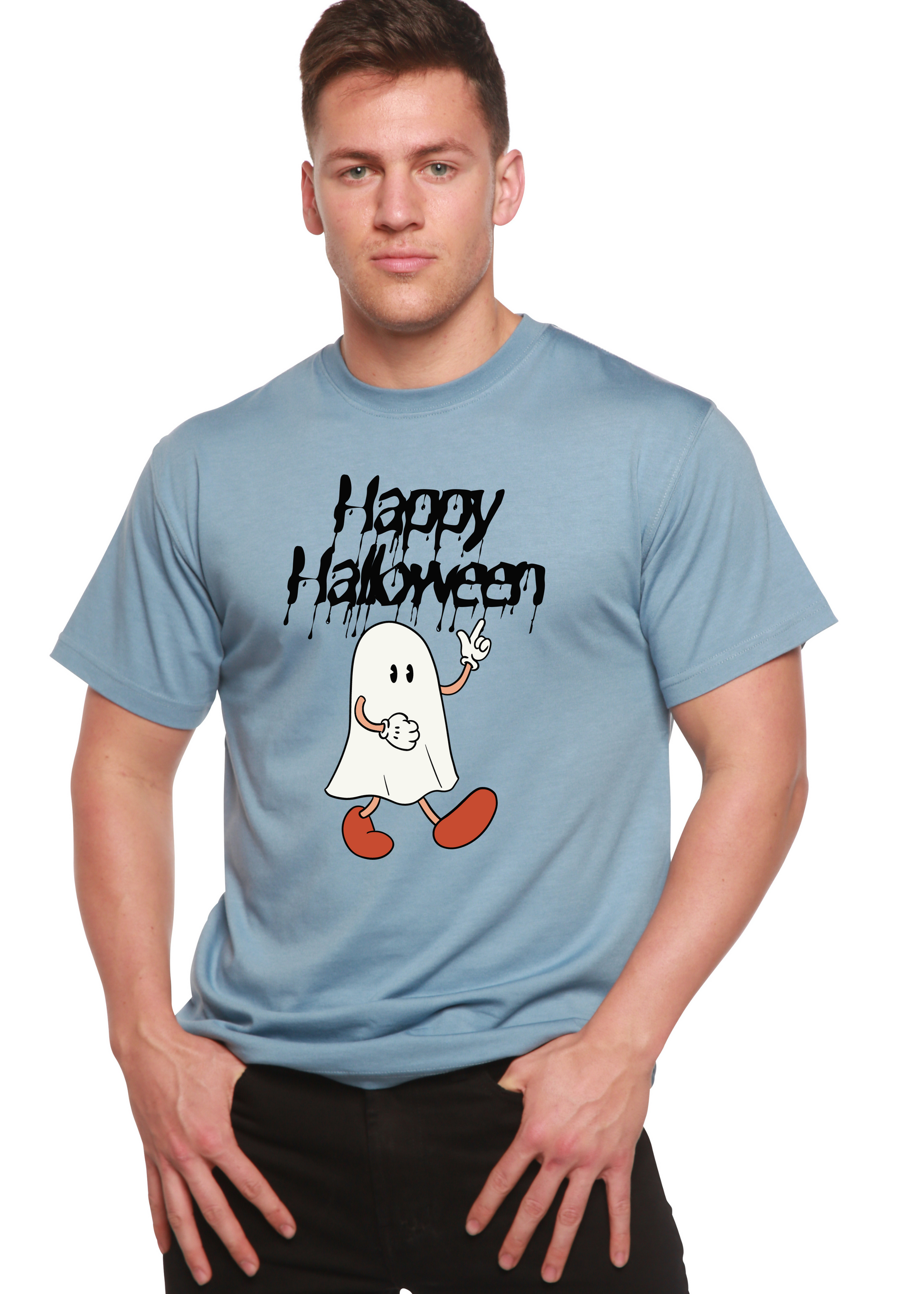Men's graphic tee light blue with Happy Halloween ghost graphic, Spun Bamboo on Tampa Home & Garden Store