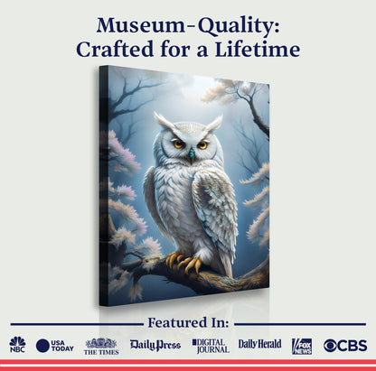 Owl Wall Art II canvas by Tailored Canvases; white owl on a misty blue forest background on Tampa Home & Garden Store