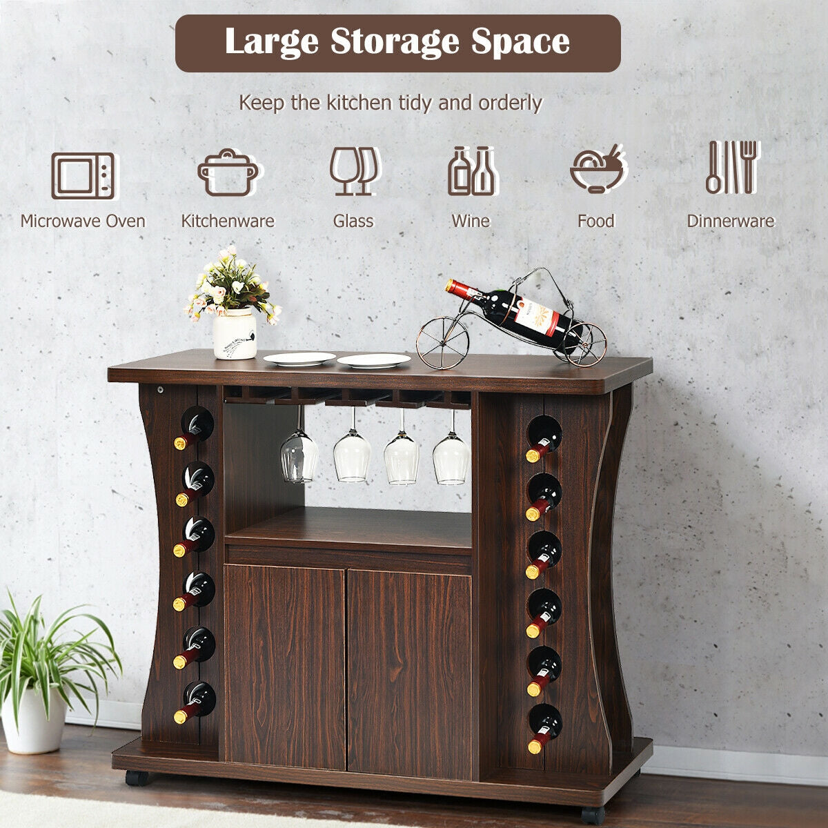Dark wood wine bar cabinet with side bottle racks and hanging stemware on Tampa Home & Garden Store