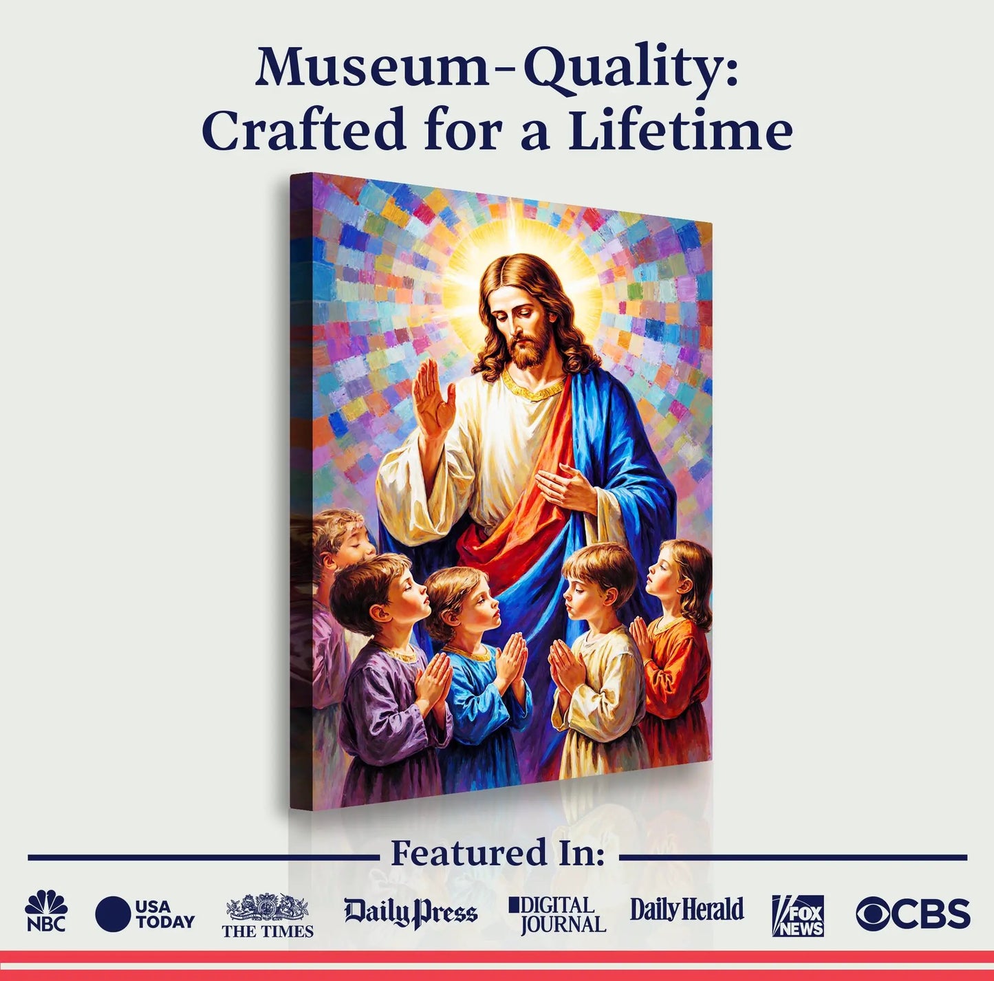 Jesus Praying With Kids canvas wall art by Tailored Canvases, colorful mosaic halo on Tampa Home & Garden Store