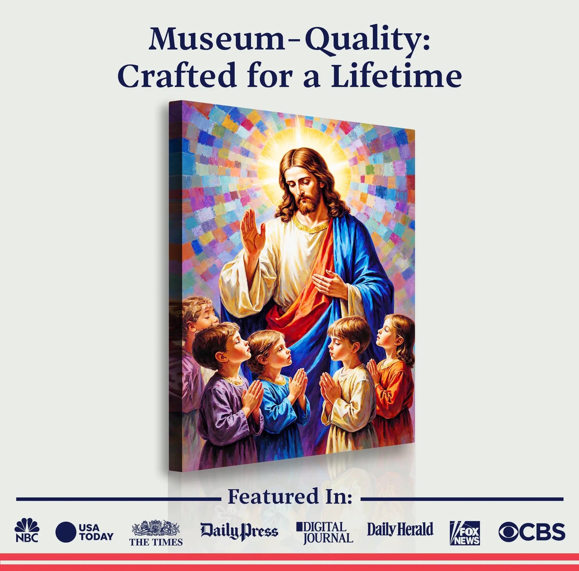 Jesus Praying With Kids canvas wall art by Tailored Canvases, colorful mosaic halo on Tampa Home & Garden Store
