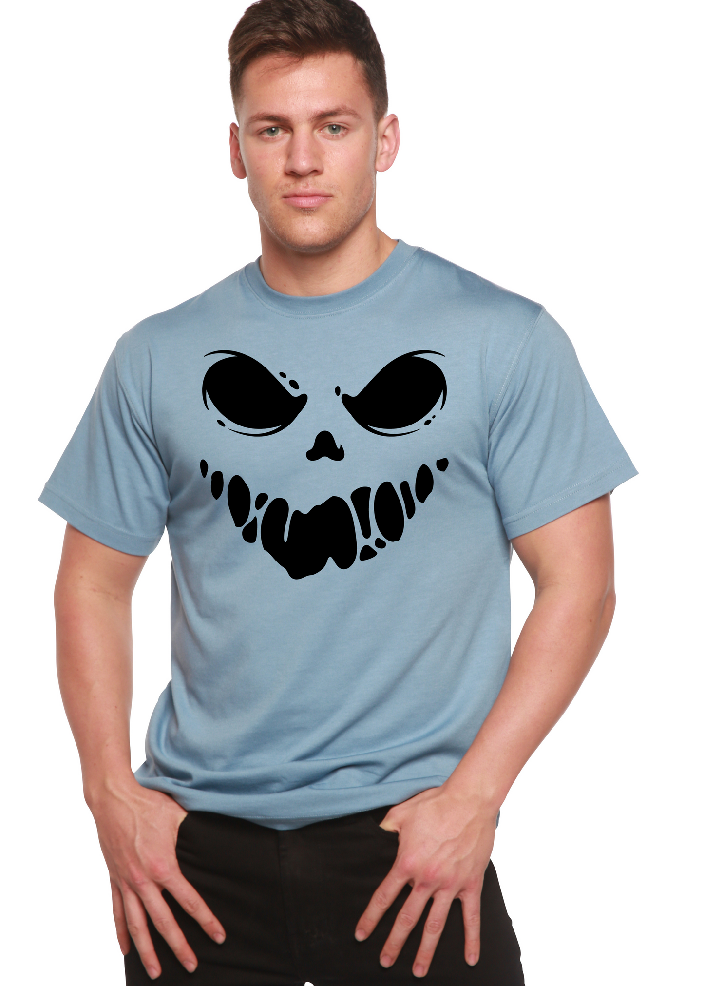 Spun Bamboo Halloween Boo men's bamboo short sleeve tee in blue with skull graphic on Tampa Home & Garden Store