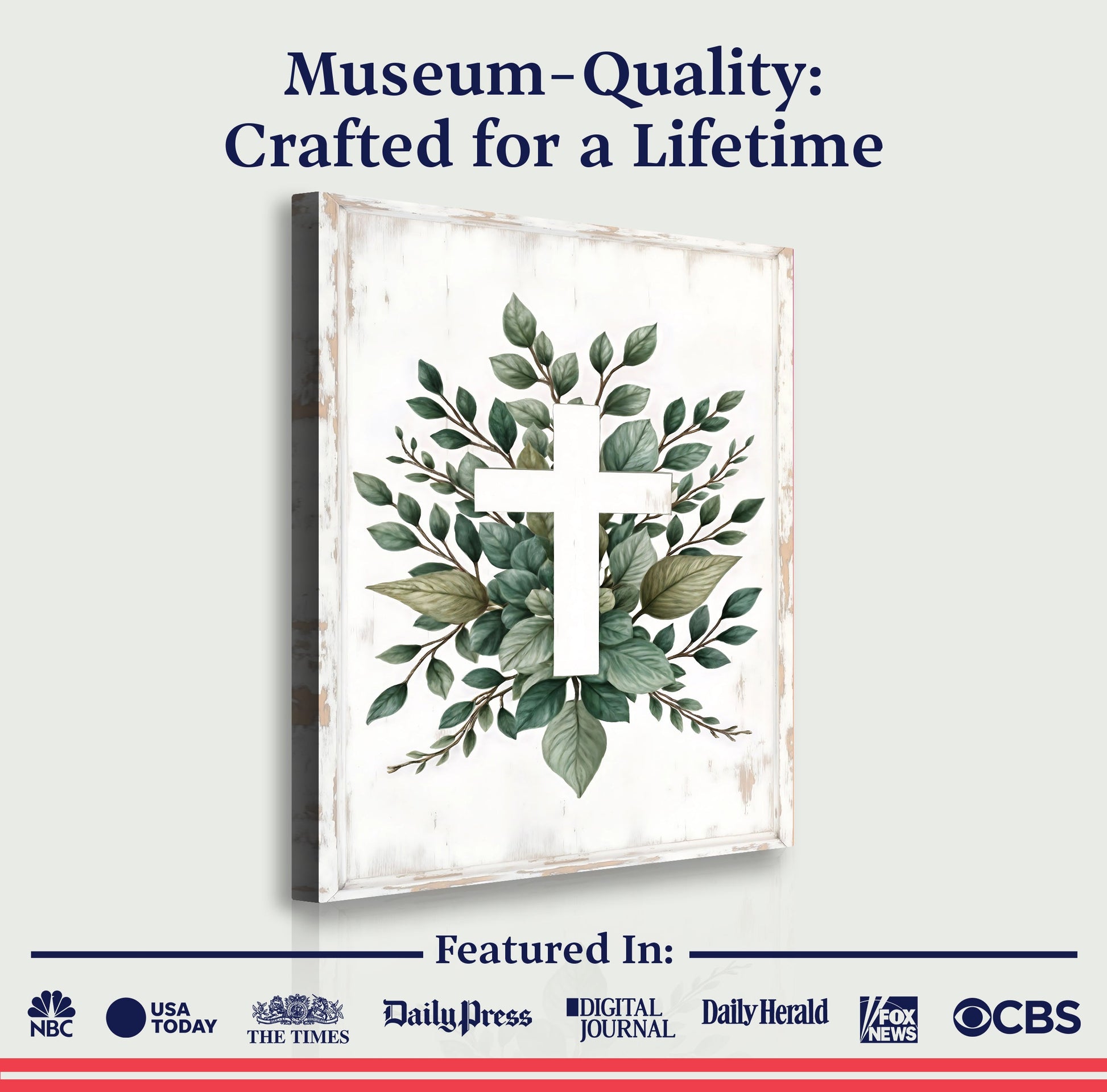 Minimalist Cross Faith Wall Art II canvas by Tailored Canvases, botanical leaves on white frame on Tampa Home & Garden Store