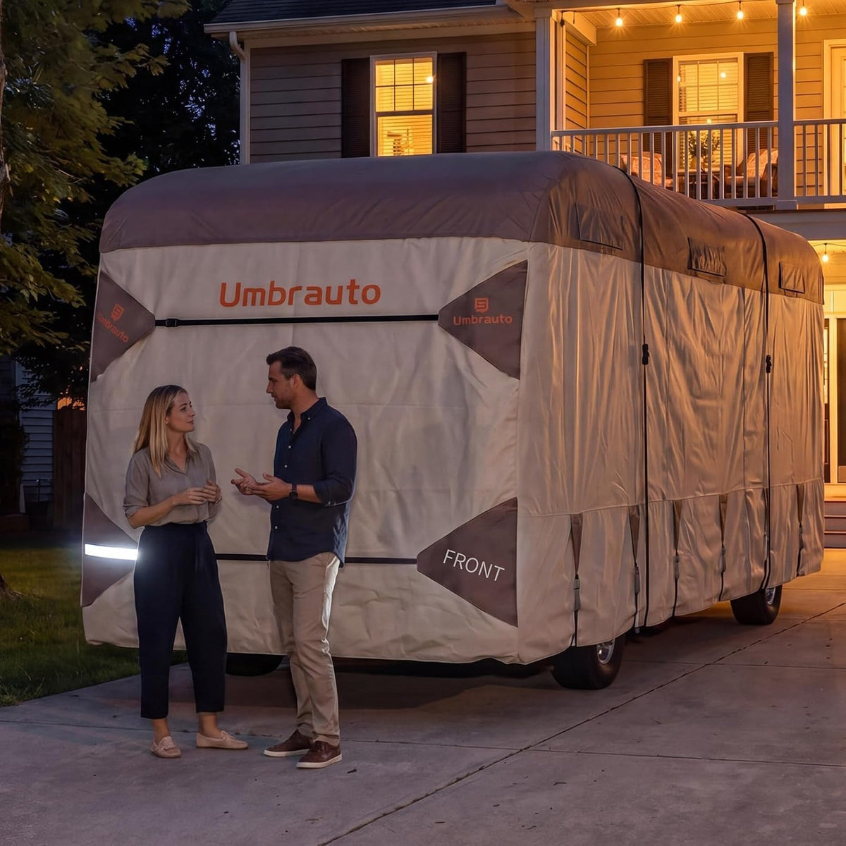 Umbrauto Class A RV cover khaki, 7-layer windproof, motorhome shelter with two people on Tampa Home & Garden Store