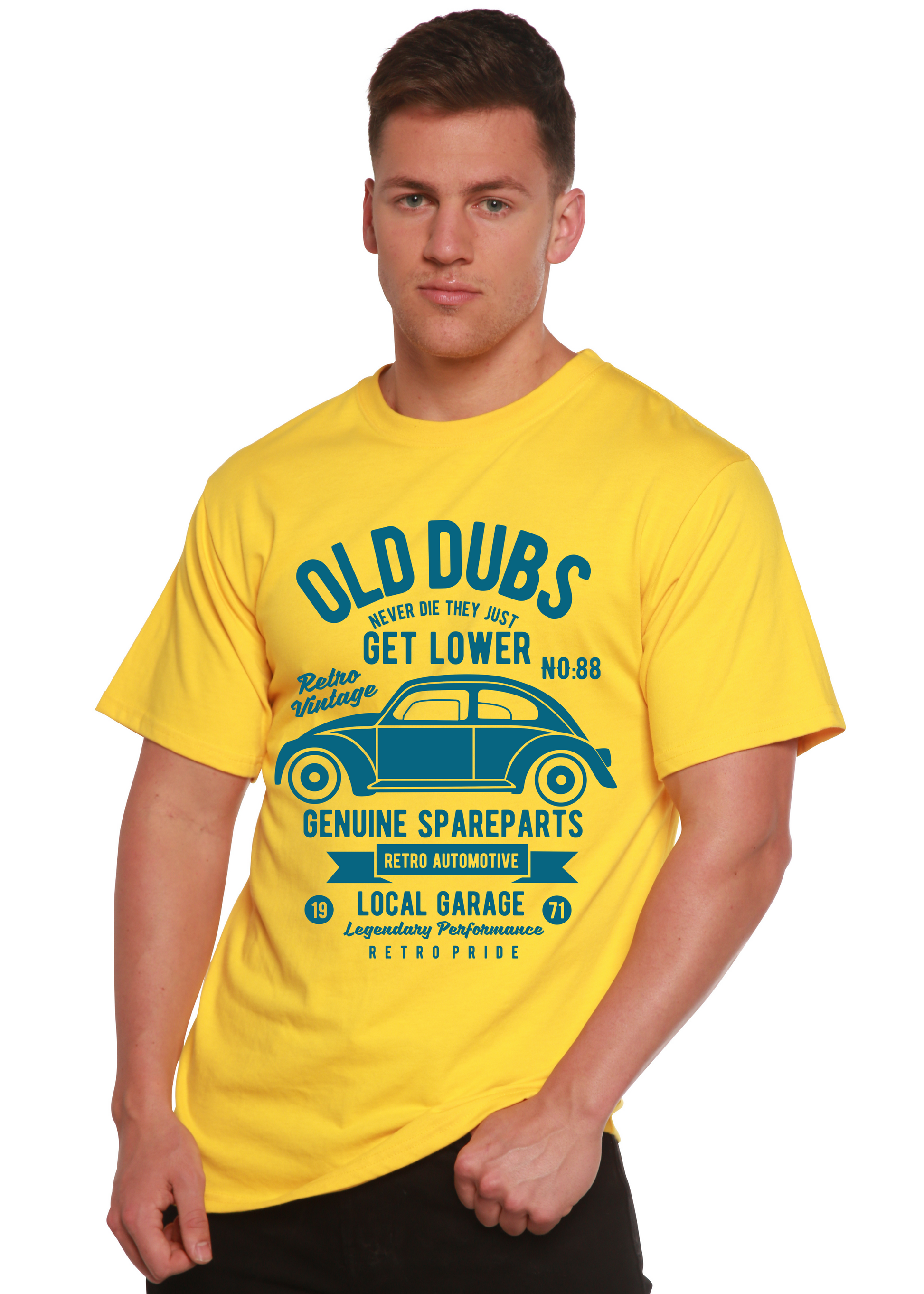Old Dubs Spun Bamboo men's short sleeve graphic T-shirt in bright yellow with teal car print on Tampa Home & Garden Store