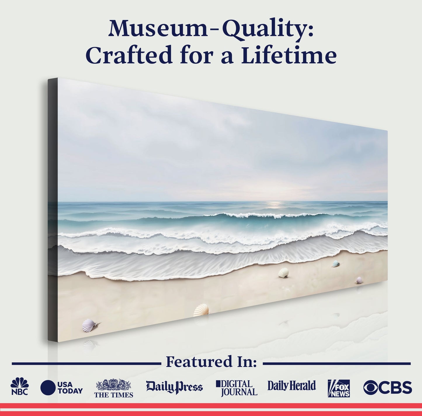 Serene Ocean Wave Coastal Wall Art III canvas tri-panel in soft blues with seashells on Tampa Home & Garden Store