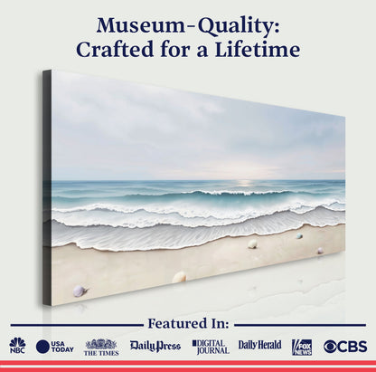 Serene Ocean Wave Coastal Wall Art III canvas tri-panel in soft blues with seashells on Tampa Home & Garden Store