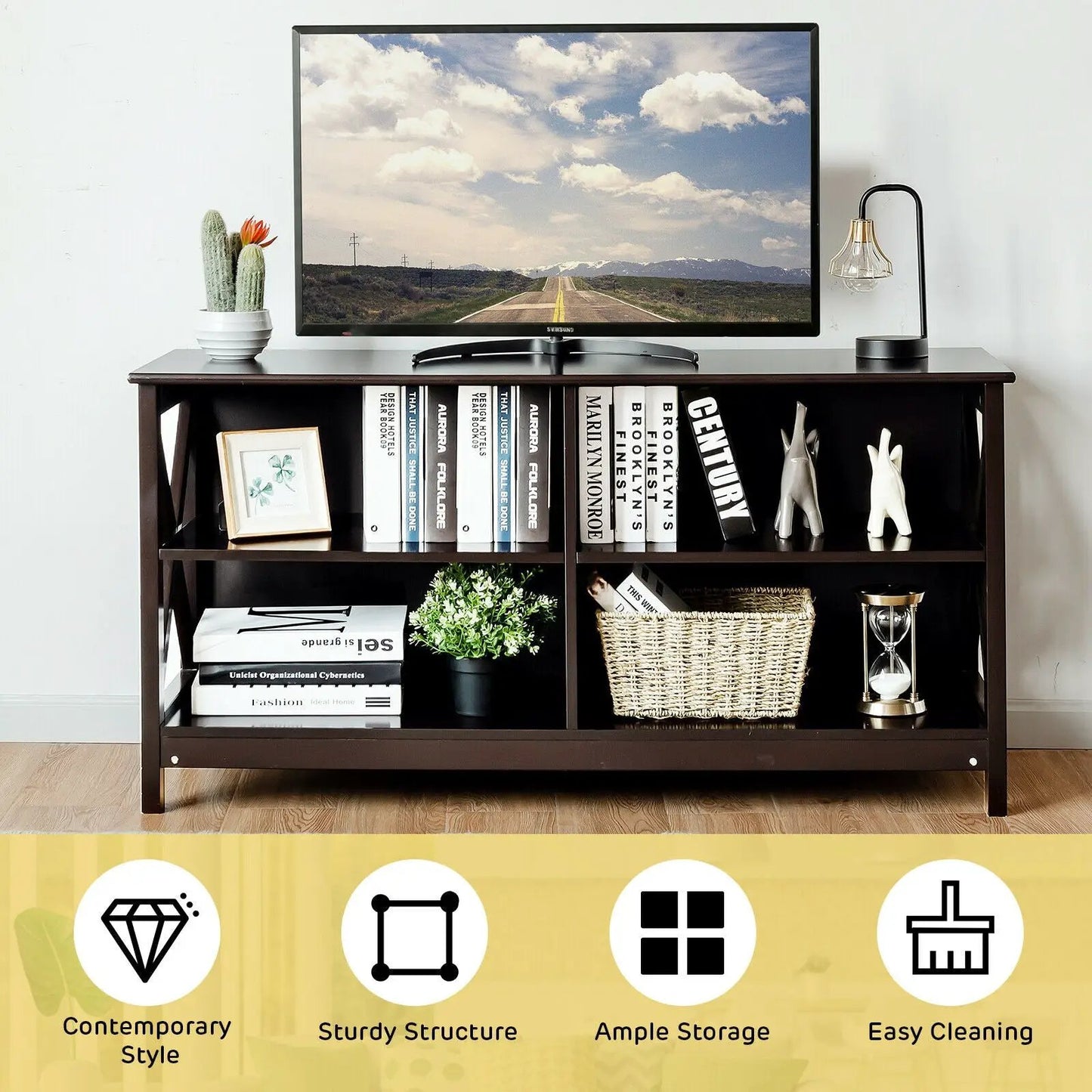 Wooden TV Stand for 55 TV with X Shaped Frame