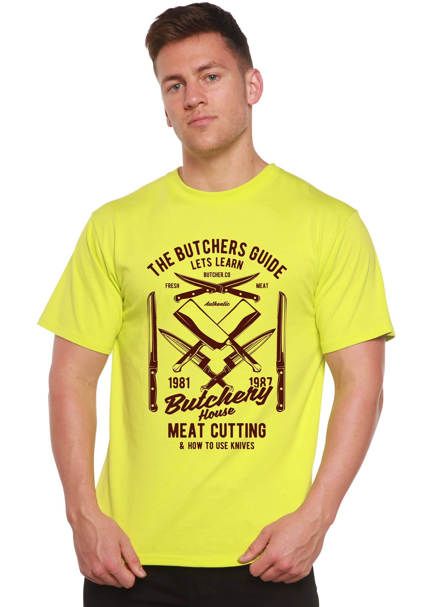 Butchery House men's graphic T-shirt neon lime bamboo viscose/organic cotton print on Tampa Home & Garden Store