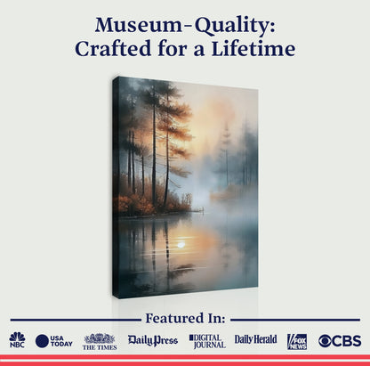 Misty Lake Wall Art canvas with a misty forest and sunrise over a calm lake on Tampa Home & Garden Store