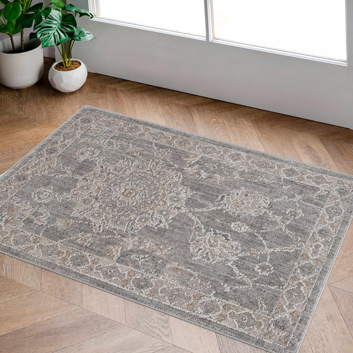 Monterey Gray Thick Luxe Persian Rug, plush gray with classic pattern on wood floor on Tampa Home & Garden Store