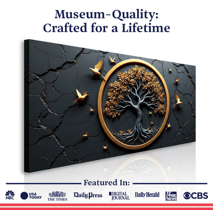 3D Celtic Tree of Life canvas wall art with gold circular frame and leaves on cracked black on Tampa Home & Garden Store