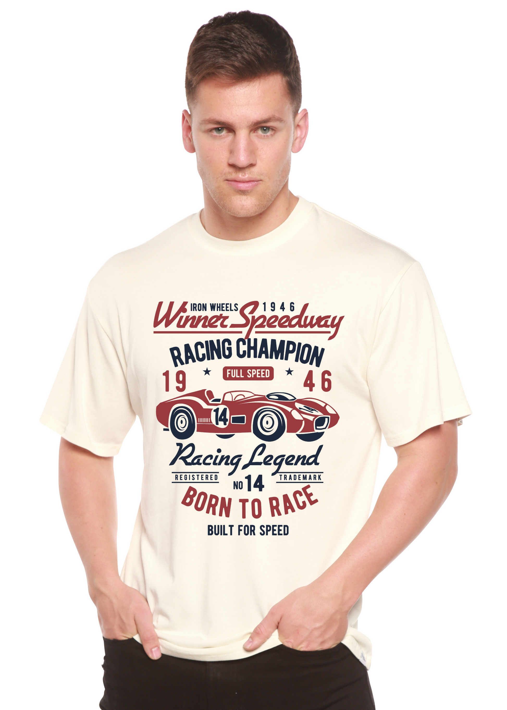 Winner Speedway Spun Bamboo men's tee cream with racing print bamboo viscose/organic cotton on Tampa Home & Garden Store