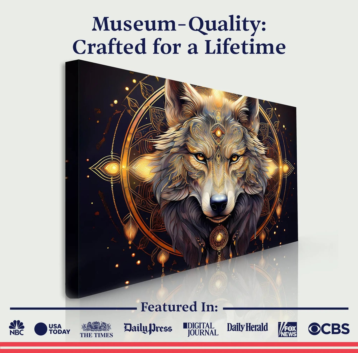 Wolf Head Wall Art canvas with ornate gold geometric design on dark backdrop on Tampa Home & Garden Store
