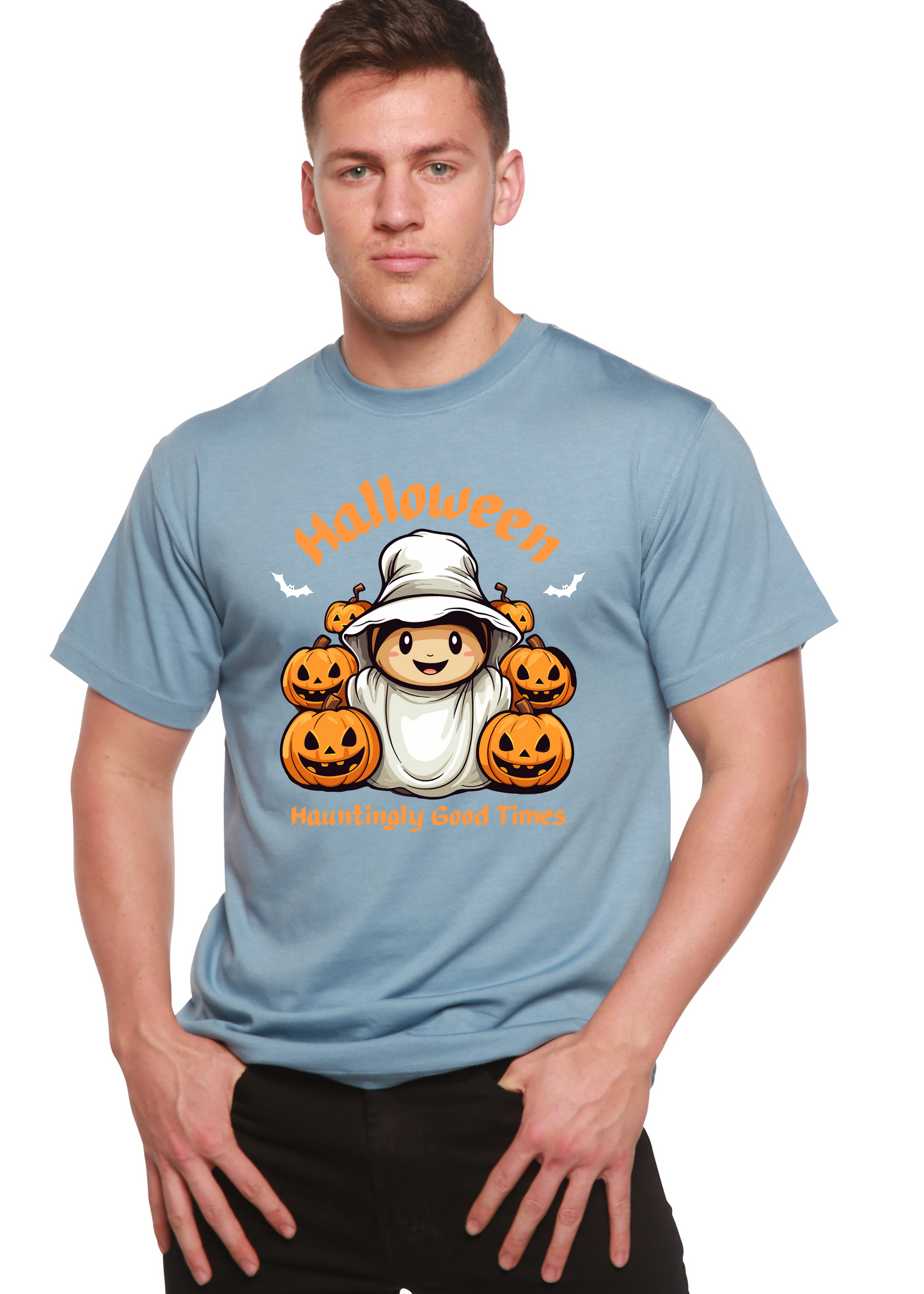 Mens Spun Bamboo light-blue graphic tee with Halloween ghost among pumpkins and bats on Tampa Home & Garden Store