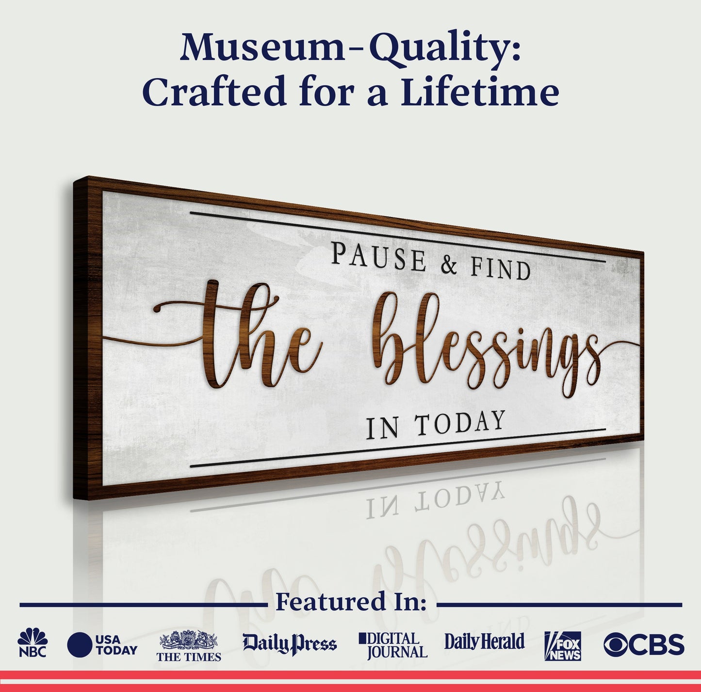 Pause & Find The Blessings In Today faith sign canvas in dark wood frame with brown script on Tampa Home & Garden Store