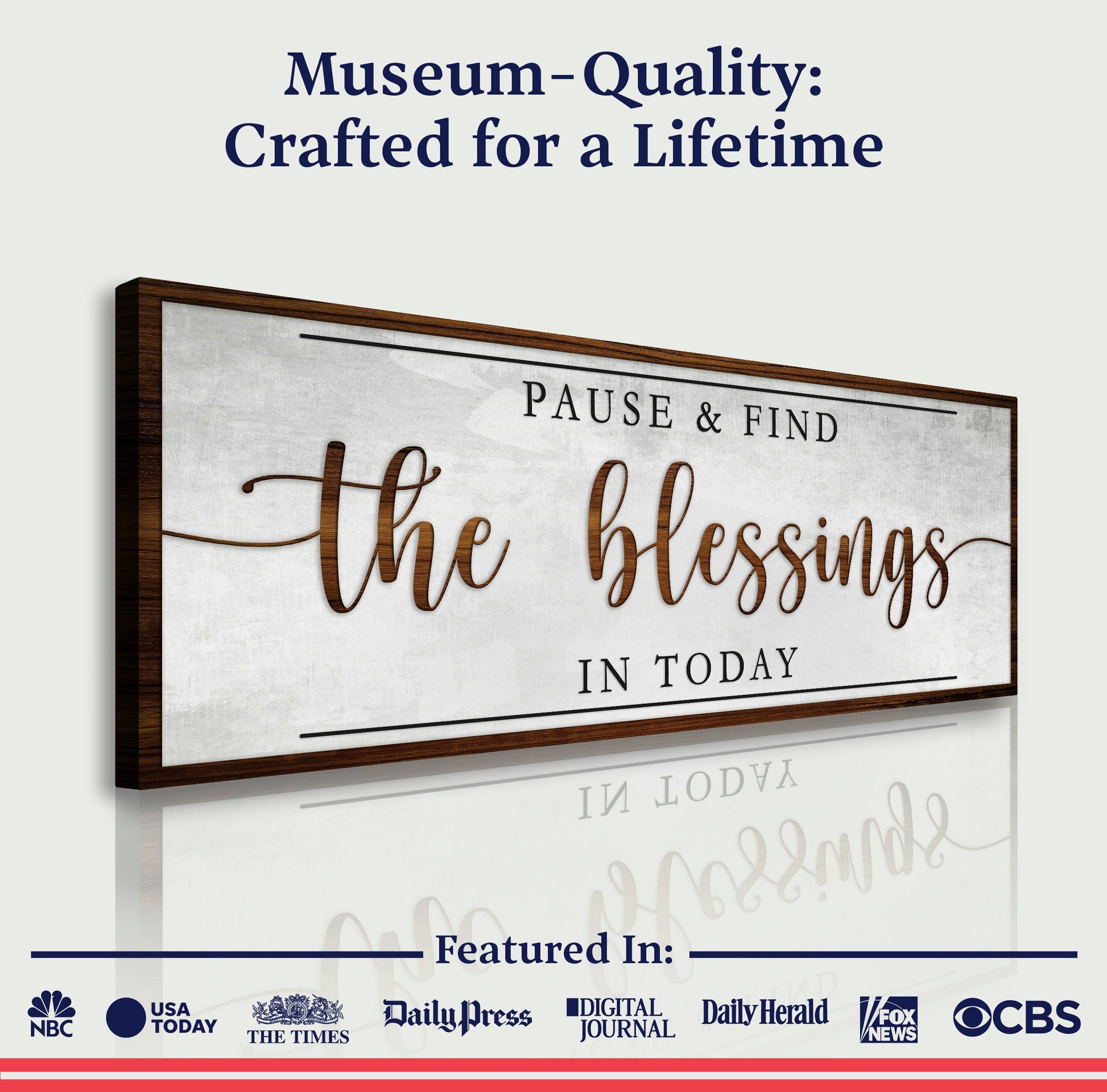 Pause & Find The Blessings In Today faith sign canvas in dark wood frame with brown script on Tampa Home & Garden Store