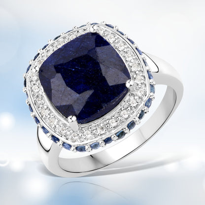 Ring with 6.46ct dyed sapphire center, white topaz halo, blue sapphire accents in sterling silver on Tampa Home & Garden Store