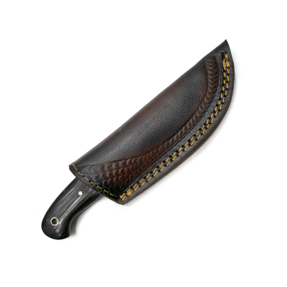 Damascus Steel Custom EDC Knife TK-019 in brown leather sheath with yellow stitching on Tampa Home & Garden Store