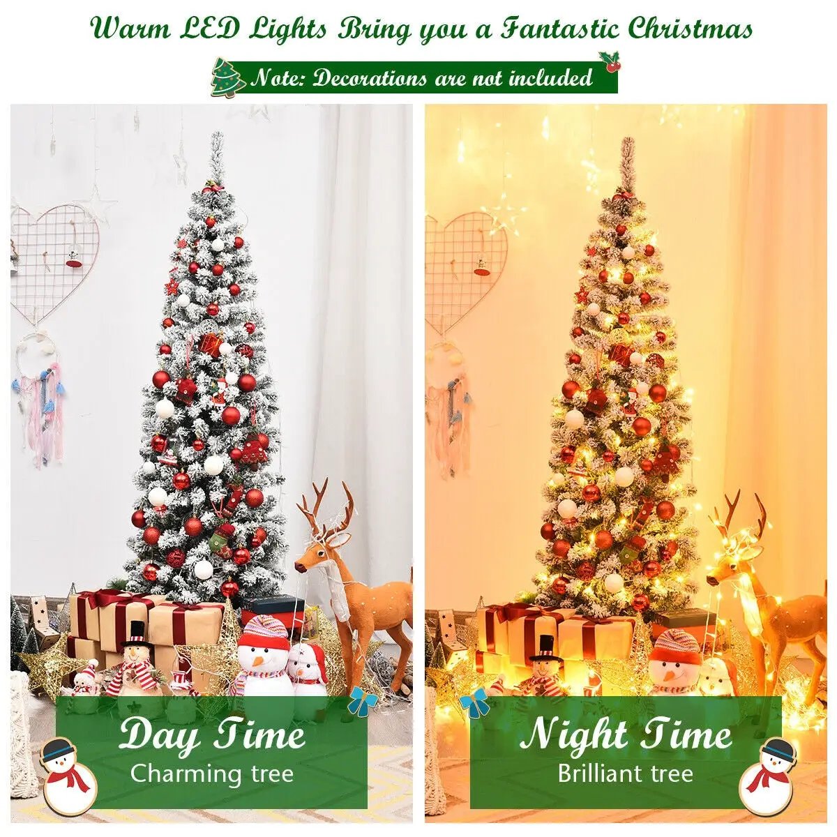 6 ft snow-flocked pencil Christmas tree with 250 LED lights by DirectDeals, red/white ornaments on Tampa Home & Garden Store
