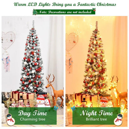 6 ft snow-flocked pencil Christmas tree with 250 LED lights by DirectDeals, red/white ornaments on Tampa Home & Garden Store