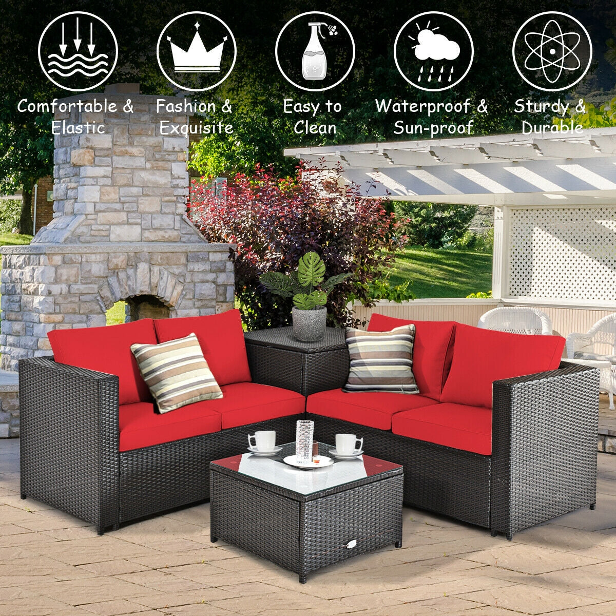 Juego de muebles de ratán para patio exterior de 4 piezas con sofá biplaza acolchado y caja de almacenamiento - Rojo