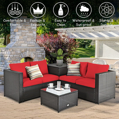 Juego de muebles de ratán para patio exterior de 4 piezas con sofá biplaza acolchado y caja de almacenamiento - Rojo