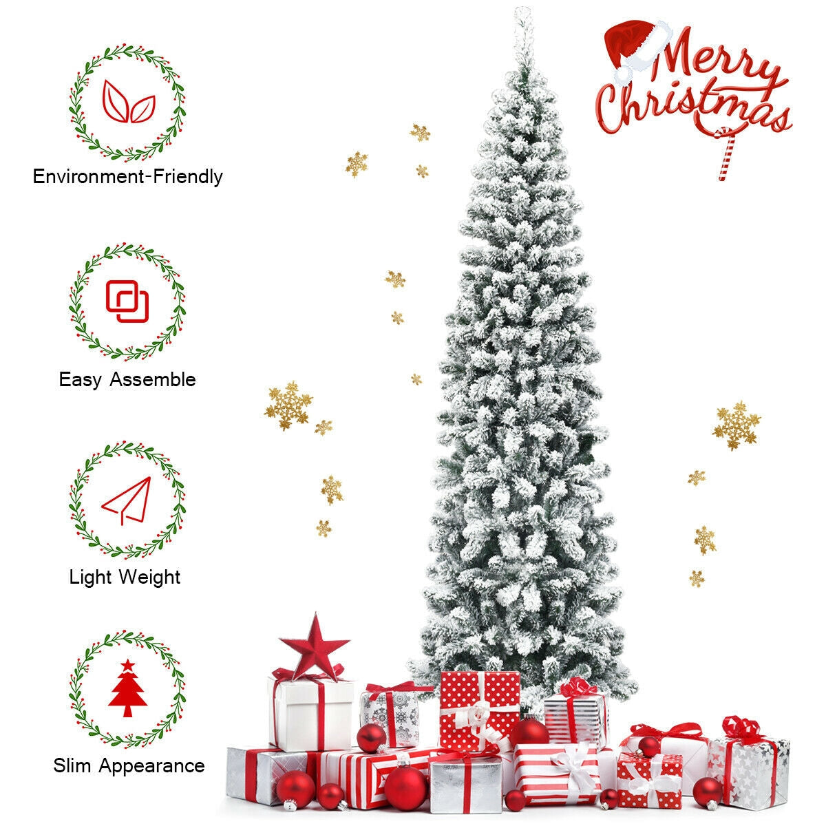 7.5 ft unlit hinged snow-flocked artificial pencil Christmas tree 641 tips slim tall on Tampa Home & Garden Store