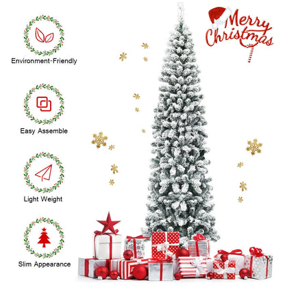 7.5 ft unlit hinged snow-flocked artificial pencil Christmas tree 641 tips slim tall on Tampa Home & Garden Store