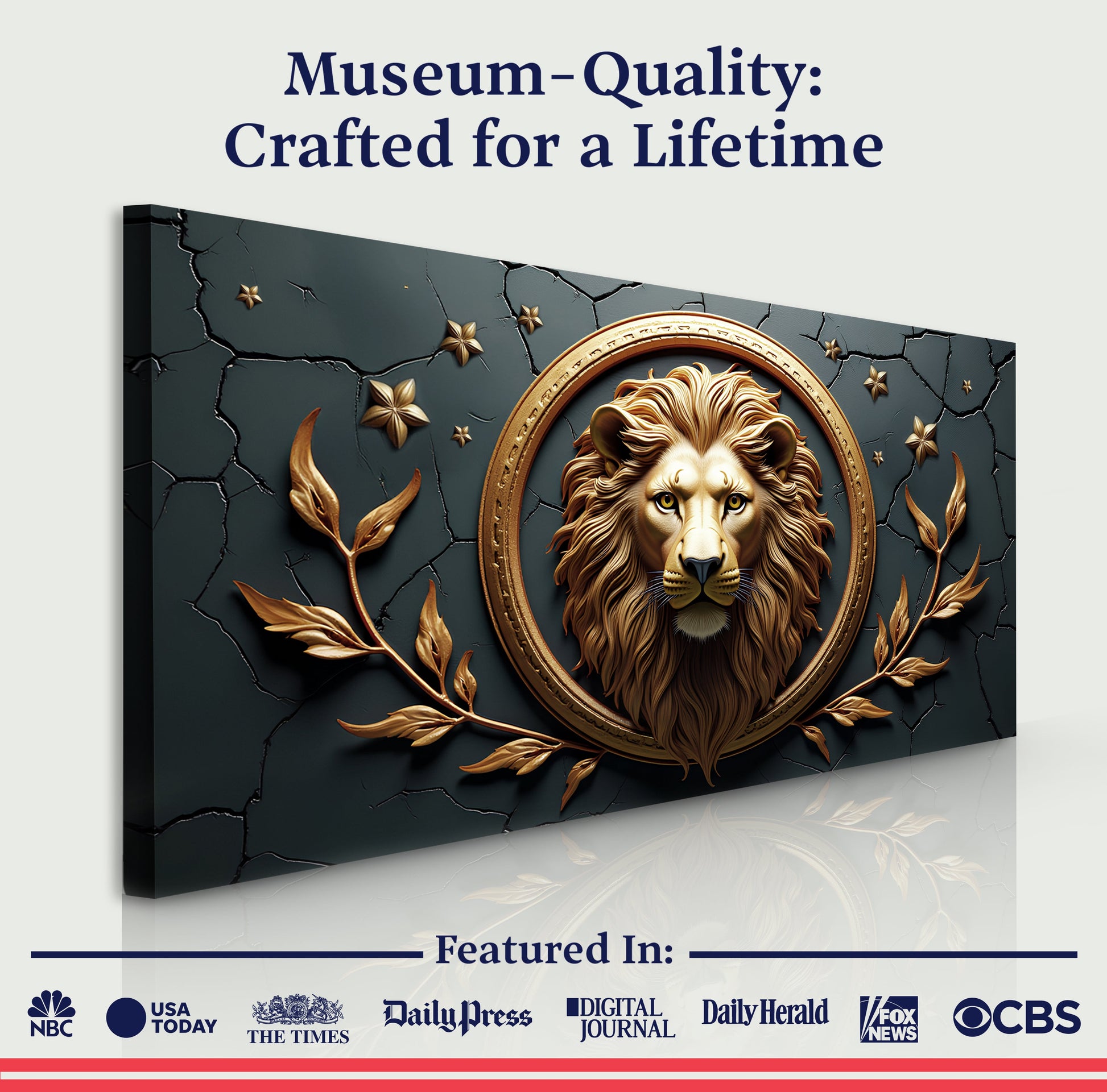 3D Majestic Lion Canvas Wall Art with gold circular frame against cracked dark backdrop on Tampa Home & Garden Store