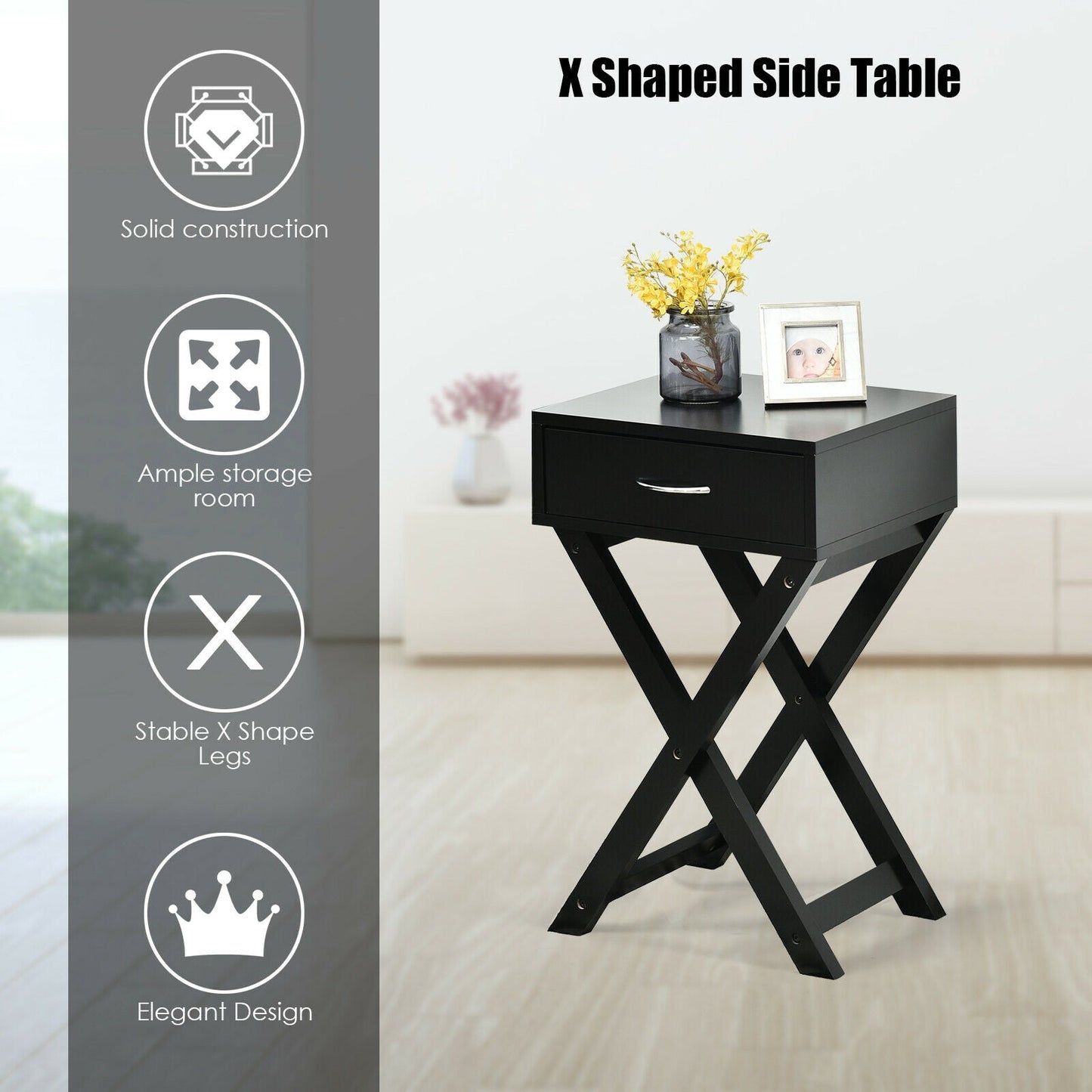 Mesa Auxiliar de Sofá de Diseño con Cajón en Forma de X para Sala de Estar o Dormitorio - Negro