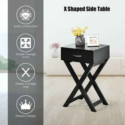 Mesa Auxiliar de Sofá de Diseño con Cajón en Forma de X para Sala de Estar o Dormitorio - Negro