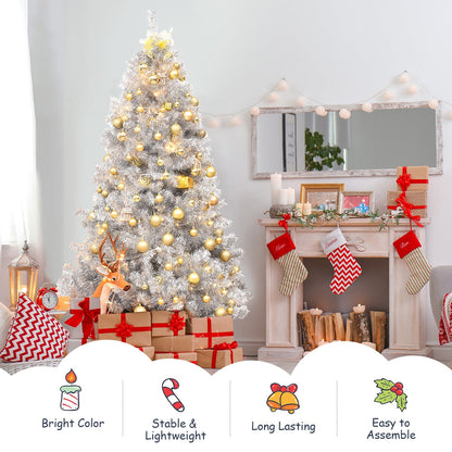 Árbol de Navidad artificial de oropel plateado de 1,8 m con bisagras sin luces y base de metal