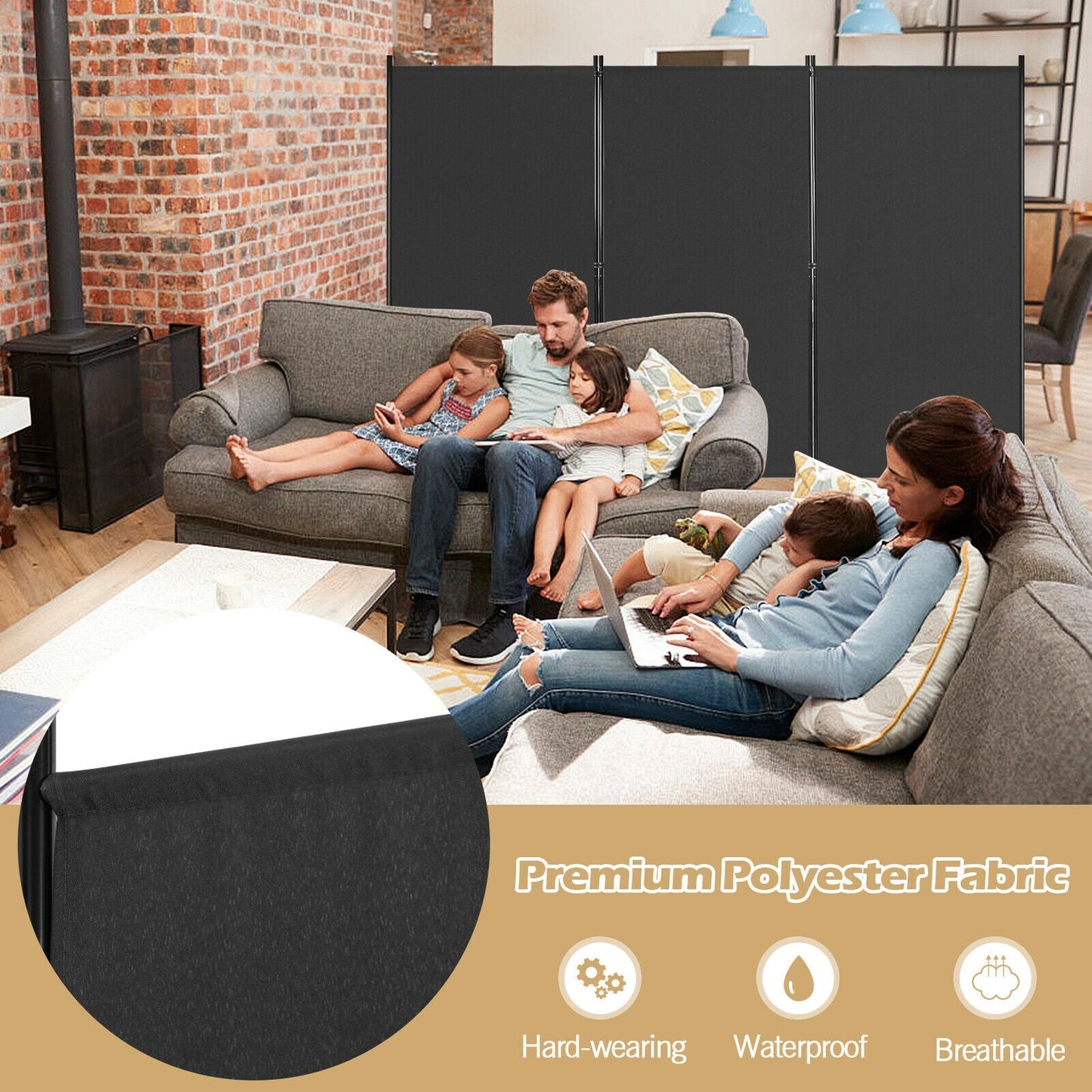 Separador de ambientes de 3 paneles, pantalla plegable para privacidad en la oficina - Negro