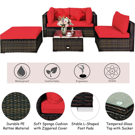 5 Pcs Outdoor Patio Rattan Furniture Set Sectional Conversation with Navy Cushions-Red - Tampa Home & Garden Store