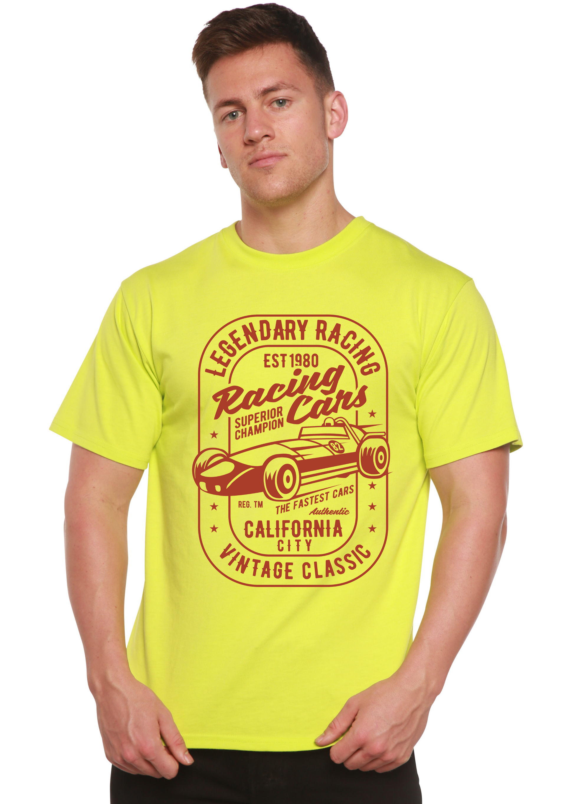 Legendary Racing Cars men's bamboo tee neon yellow with red graphic print by Spun Bamboo on Tampa Home & Garden Store