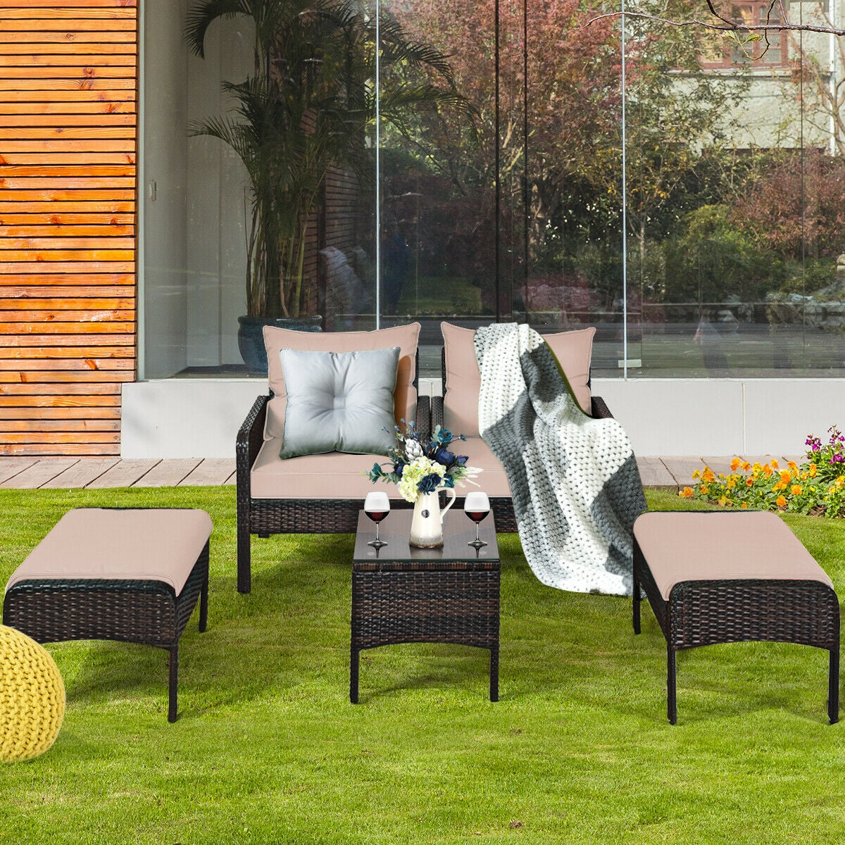 Juego de muebles de sofá de ratán para patio de 5 piezas