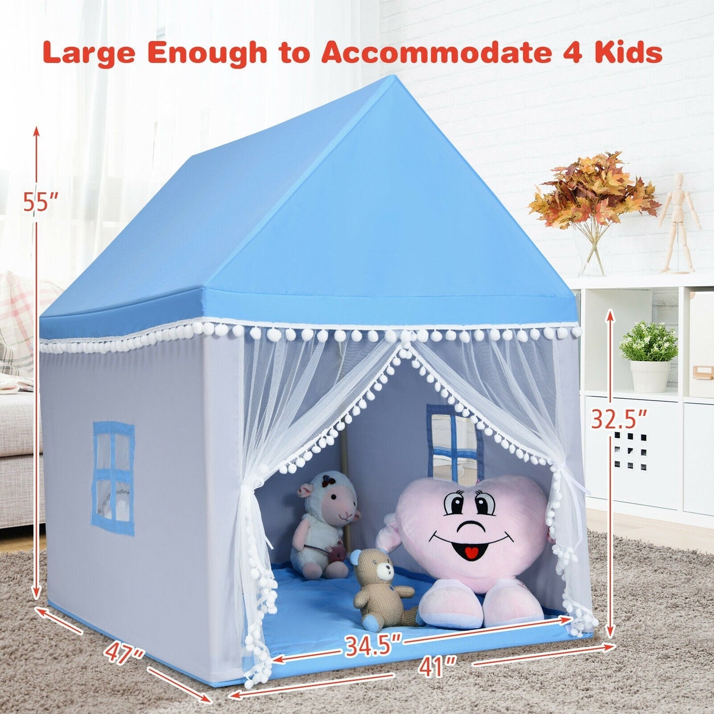 Kids blue play tent with white pom-pom trim and sheer netting includes plush toys on Tampa Home & Garden Store