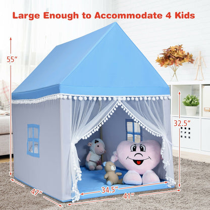 Kids blue play tent with white pom-pom trim and sheer netting includes plush toys on Tampa Home & Garden Store